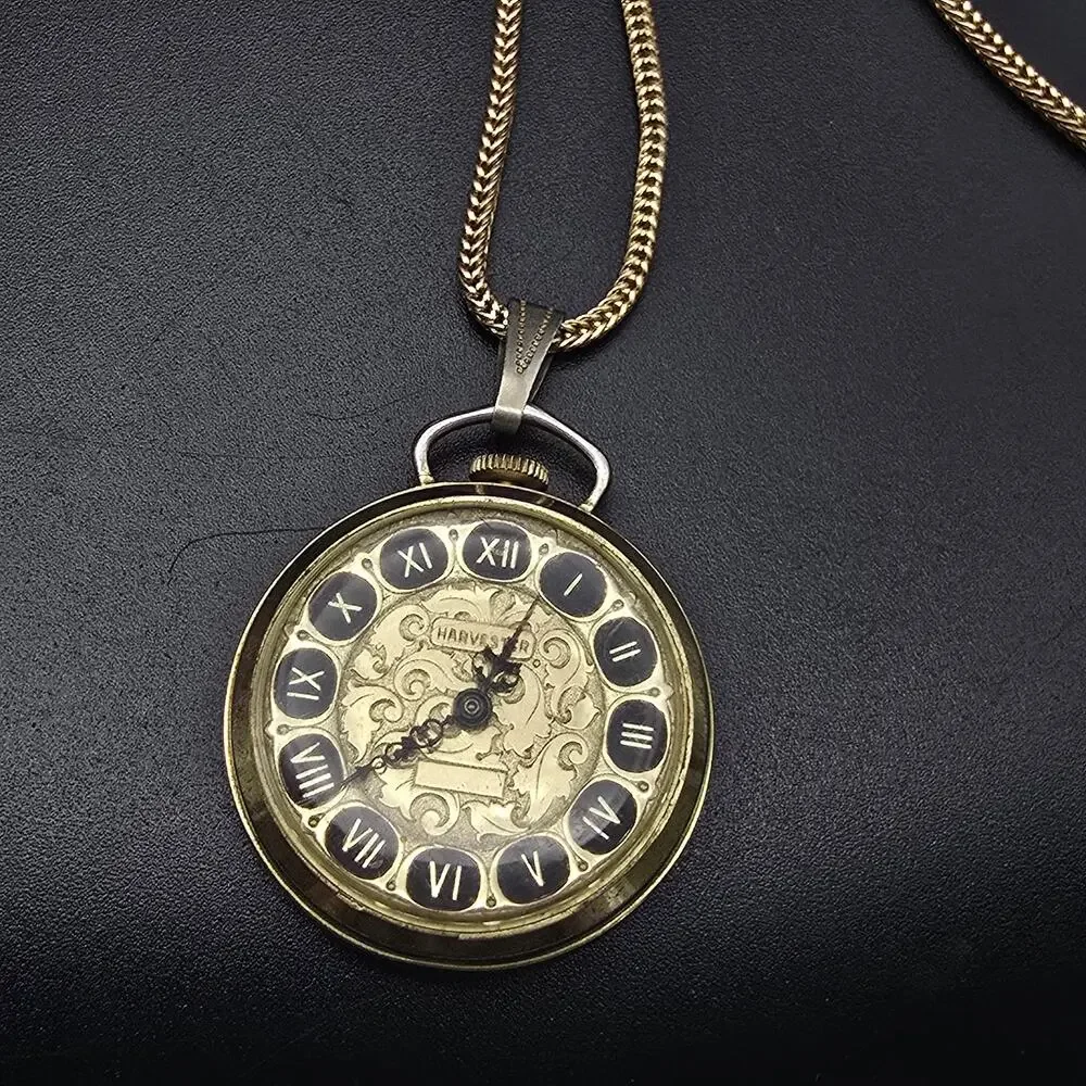 Vintage Harvester Watch Pendant Necklace Gold Tone Mechanical WORKS